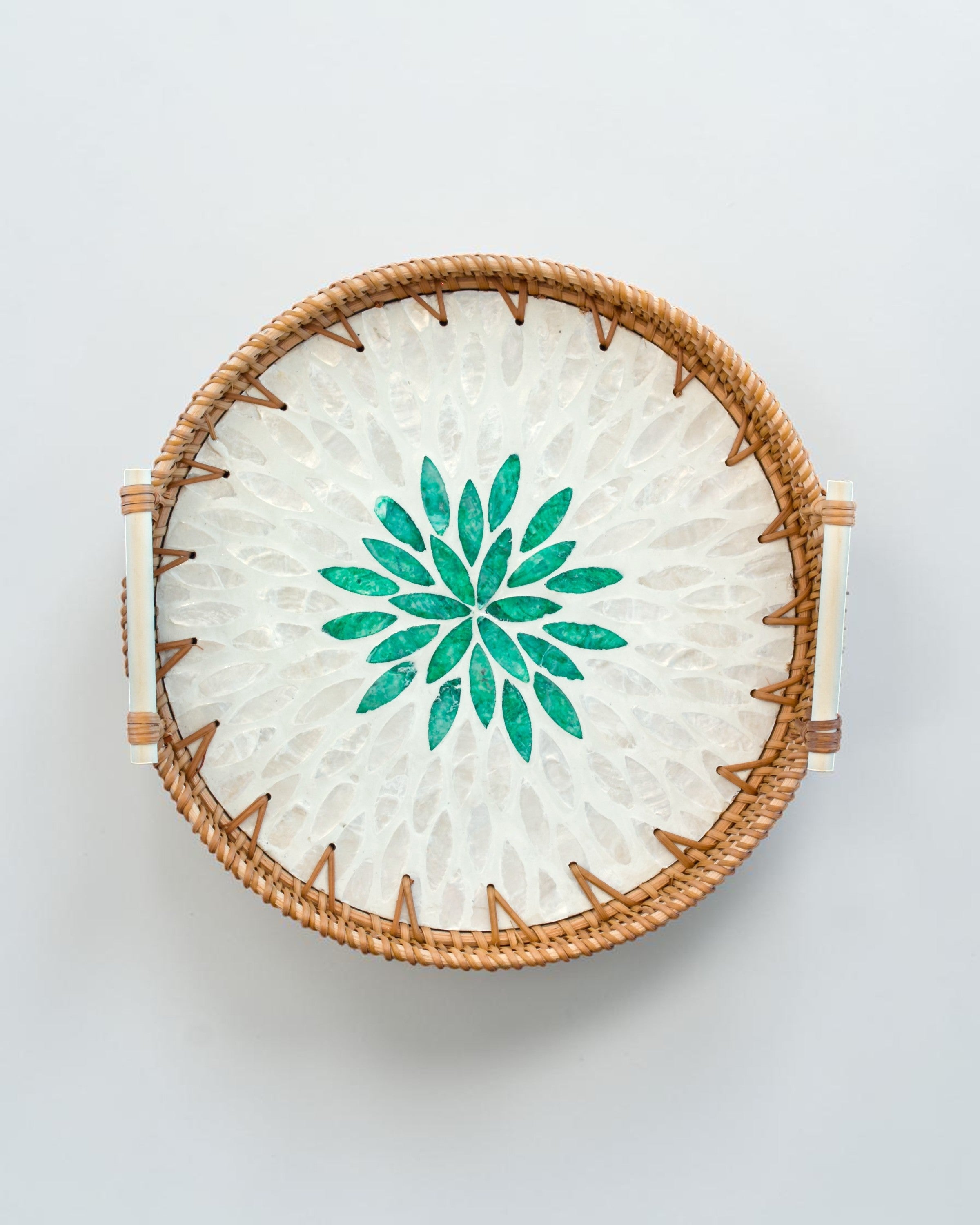 Ecohub NZ Artisans Rattan & Pearl Inlay Round Serving Tray (28cm) - rattan and pearl - top-down view of floral inlay