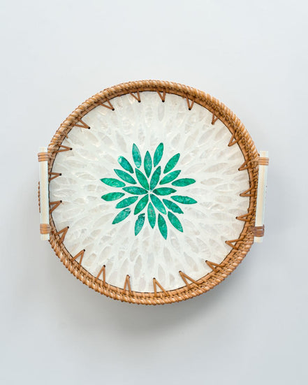 Ecohub NZ Artisans Rattan & Pearl Inlay Round Serving Tray (28cm) - rattan and pearl - top-down view of floral inlay