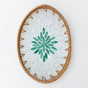 Ecohub NZ Artisans Rattan & Pearl Inlay Oval Serving Tray (31cm) - rattan and pearl - top-down view of floral inlay