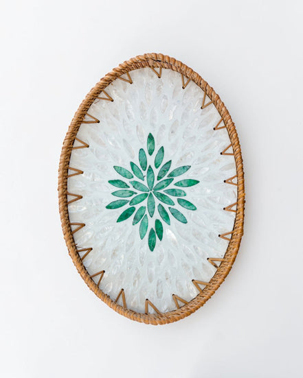Ecohub NZ Artisans Rattan & Pearl Inlay Oval Serving Tray (31cm) - rattan and pearl - top-down view of floral inlay